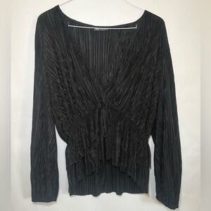 Zara Women's Black Plissé Ruffle Tiered Adjustable Blouse Size Large